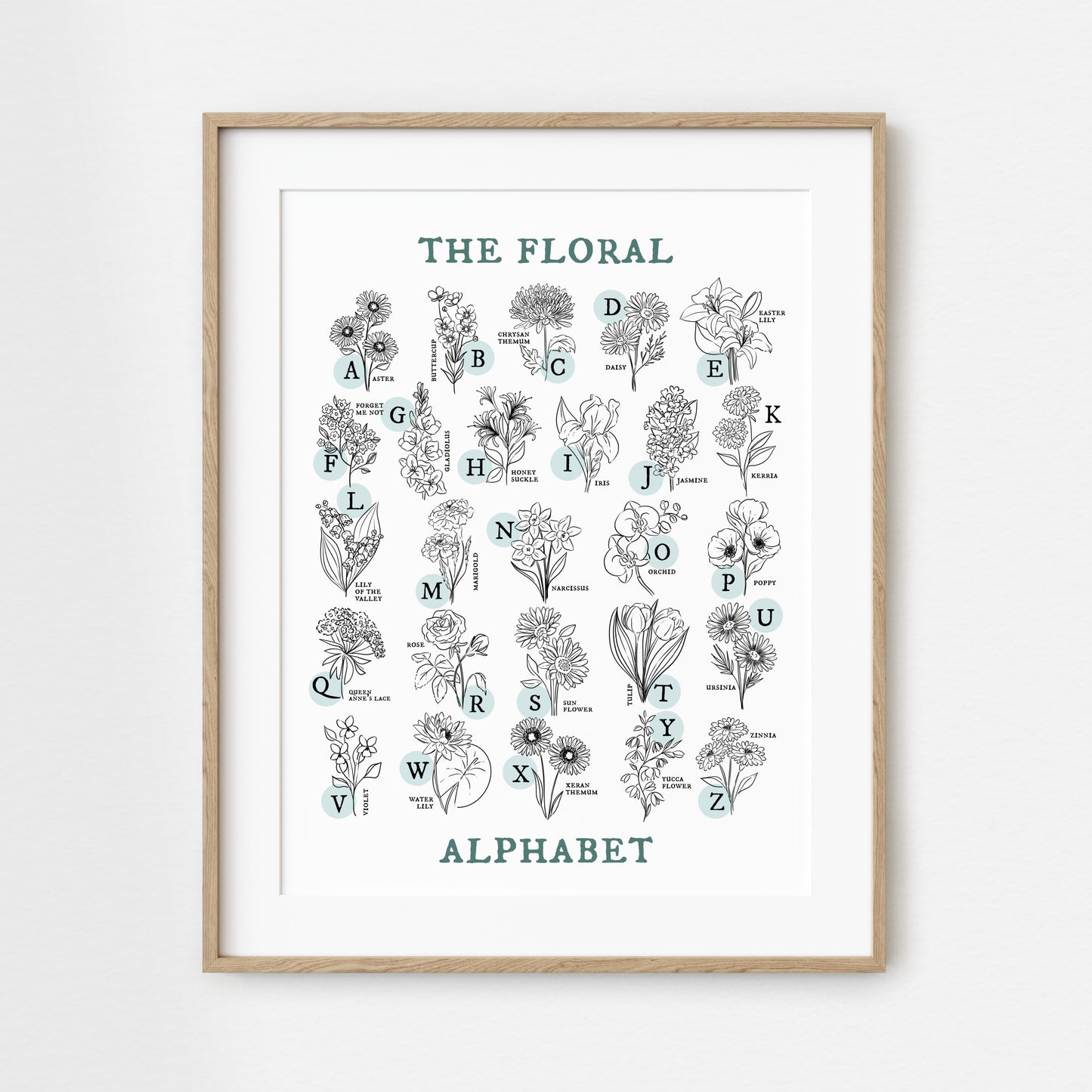 Floral Alphabet Chart | Illustrated Light Aqua Green Accent Flower Unframed Art Wall Decor