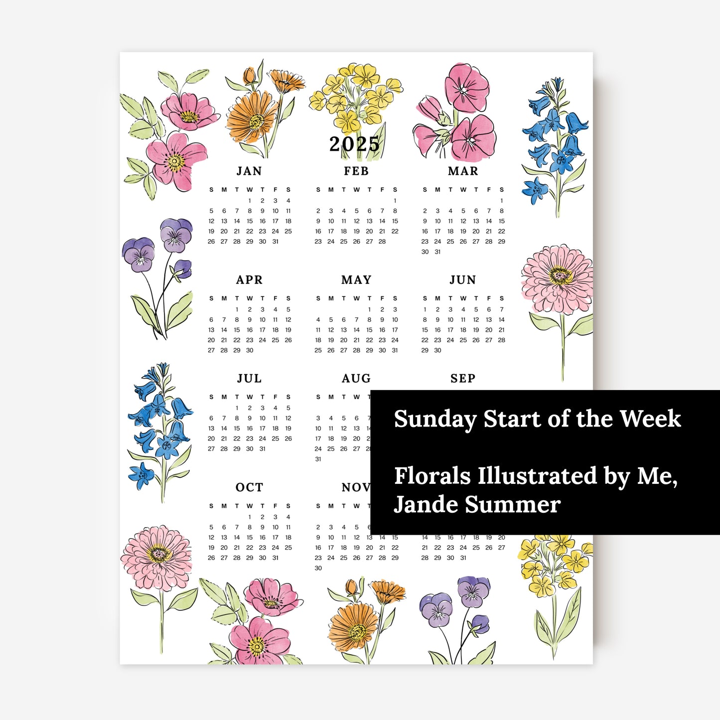 2025 Calendar Print | Floral At A Glance Unframed Art | Office Wall Decor Coworker Gift