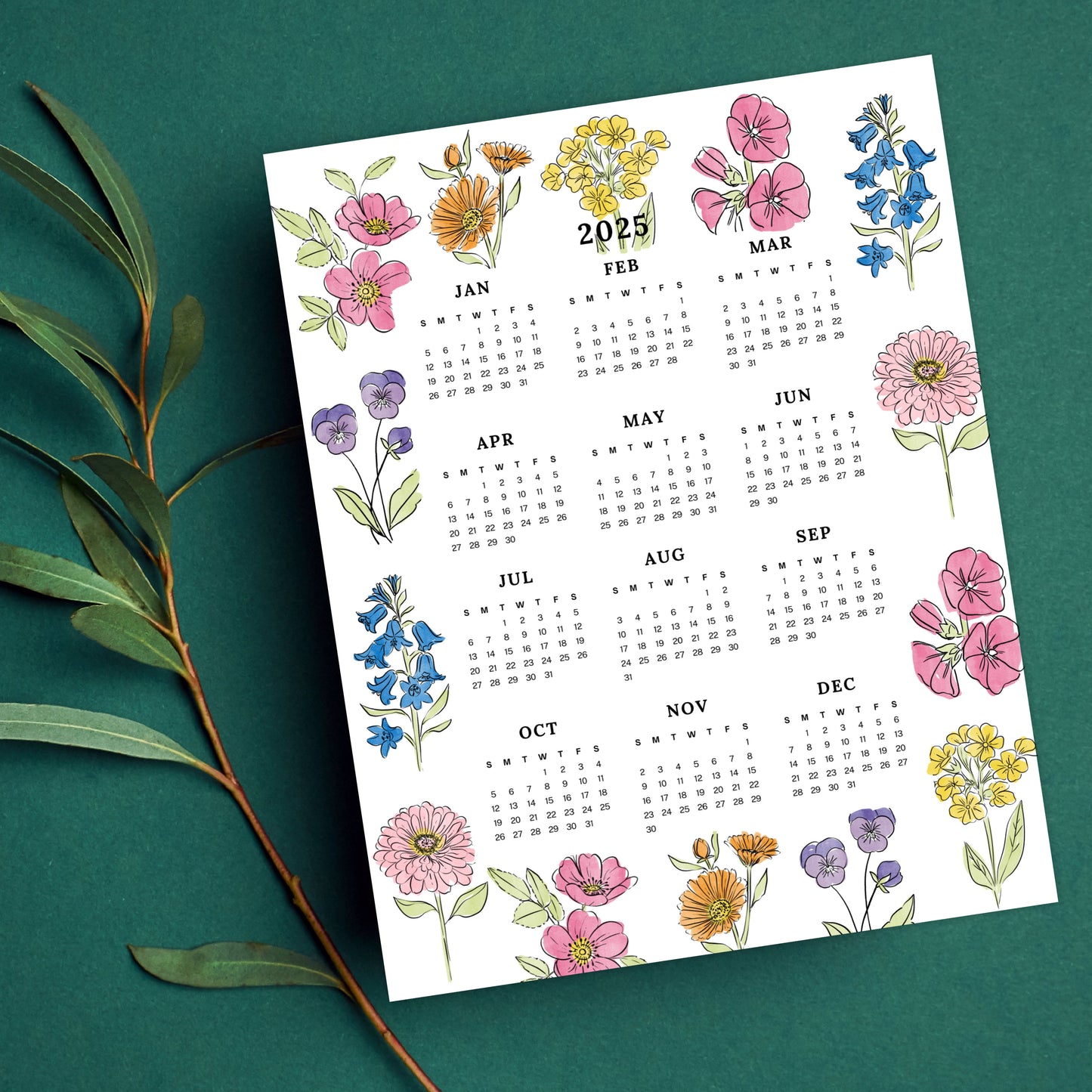 2025 Calendar Print | Floral At A Glance Unframed Art | Office Wall Decor Coworker Gift