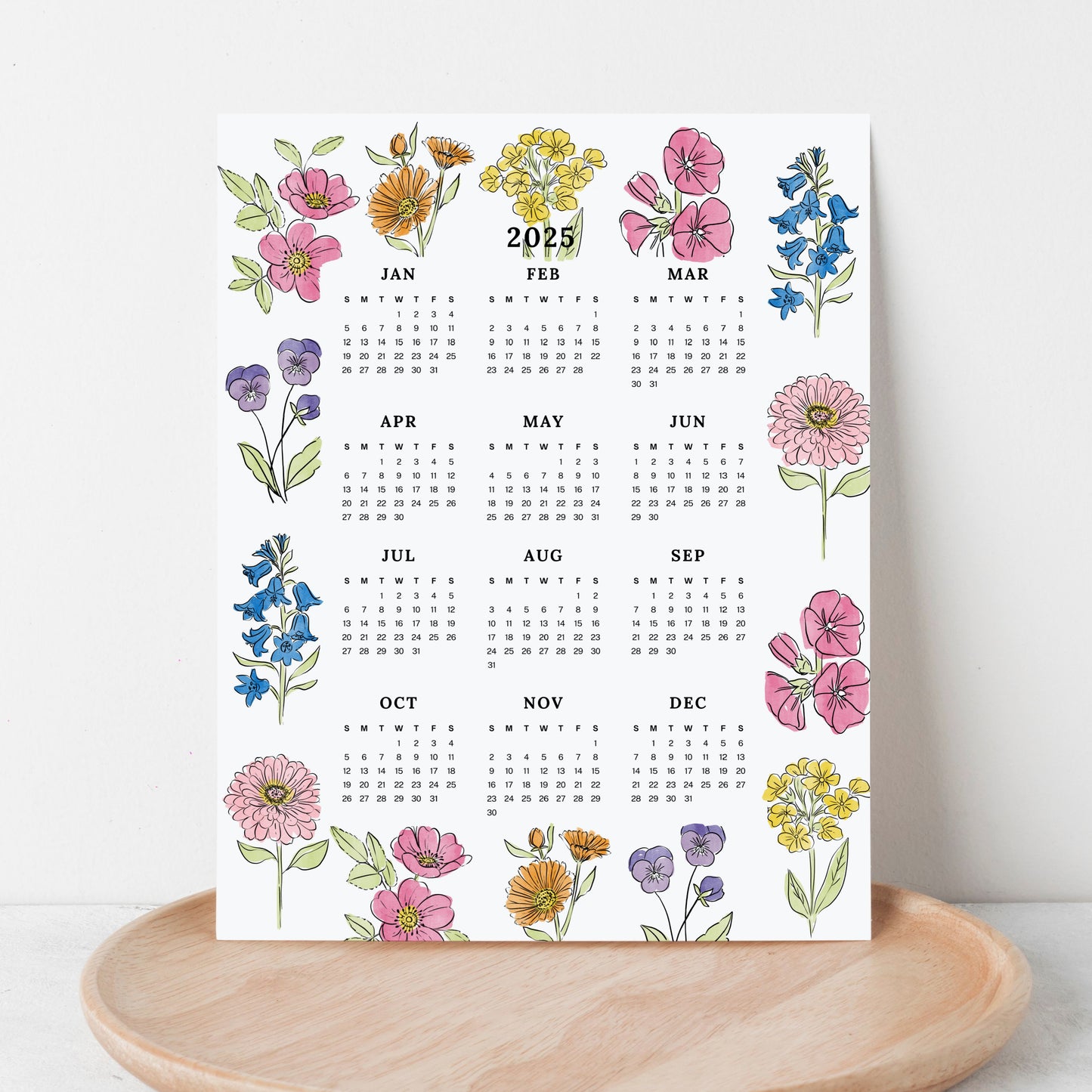 2025 Calendar Print | Floral At A Glance Unframed Art | Office Wall Decor Coworker Gift