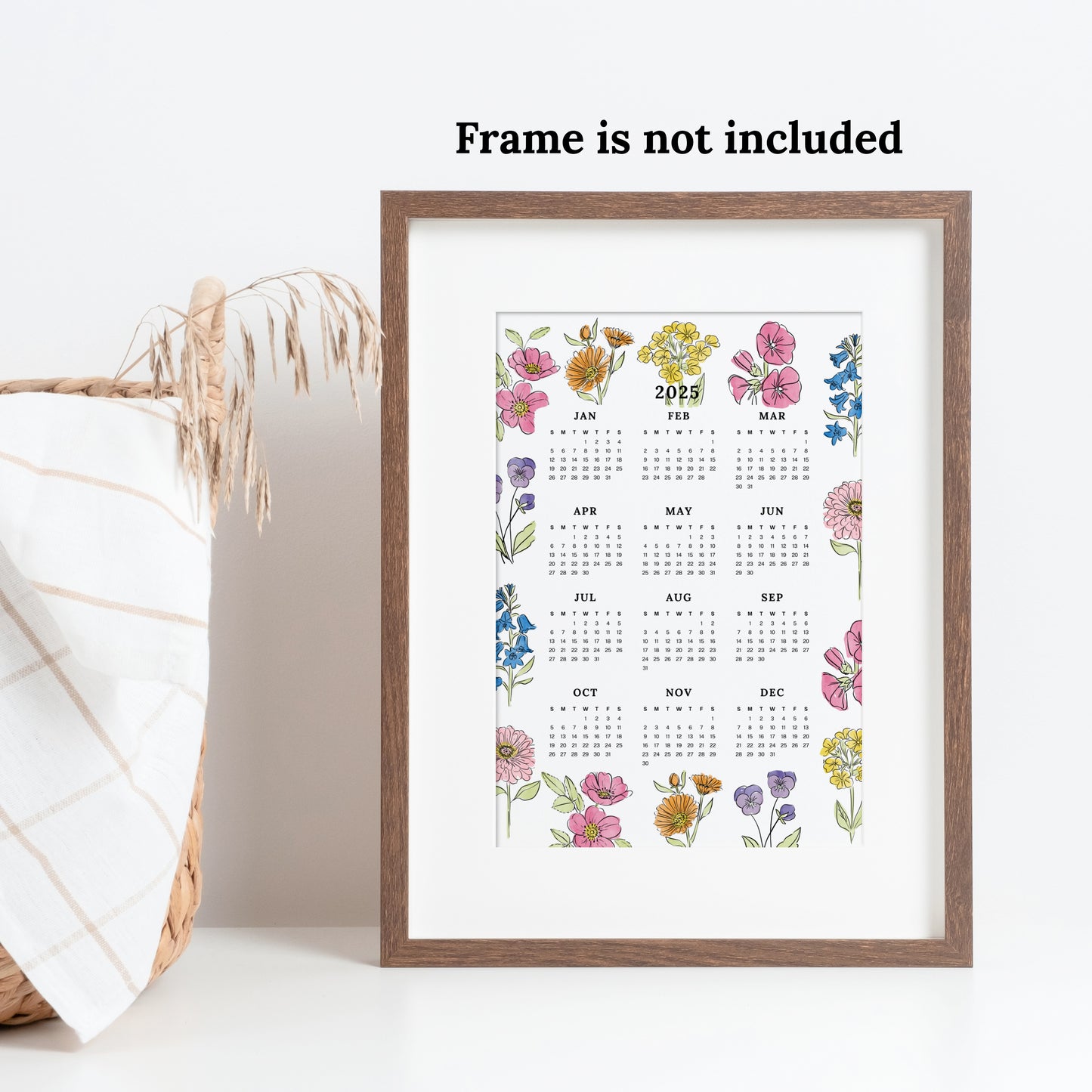 2025 Calendar Print | Floral At A Glance Unframed Art | Office Wall Decor Coworker Gift