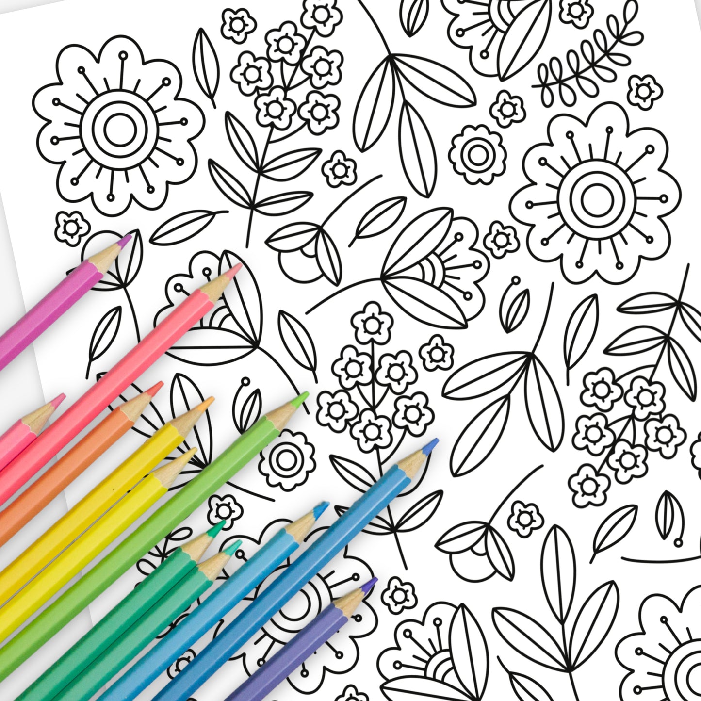 Spring Folk Floral Printable Coloring Page | Hand Illustrated Flower Relaxing Blooms Garden Theme