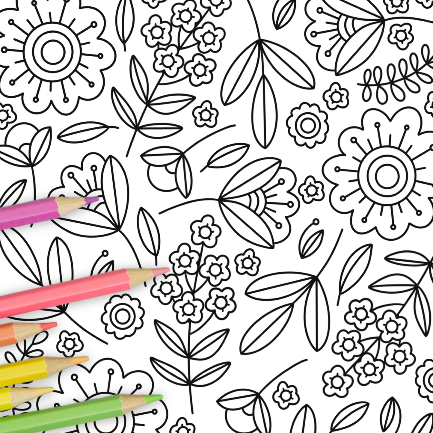 Spring Folk Floral Printable Coloring Page | Hand Illustrated Flower Relaxing Blooms Garden Theme