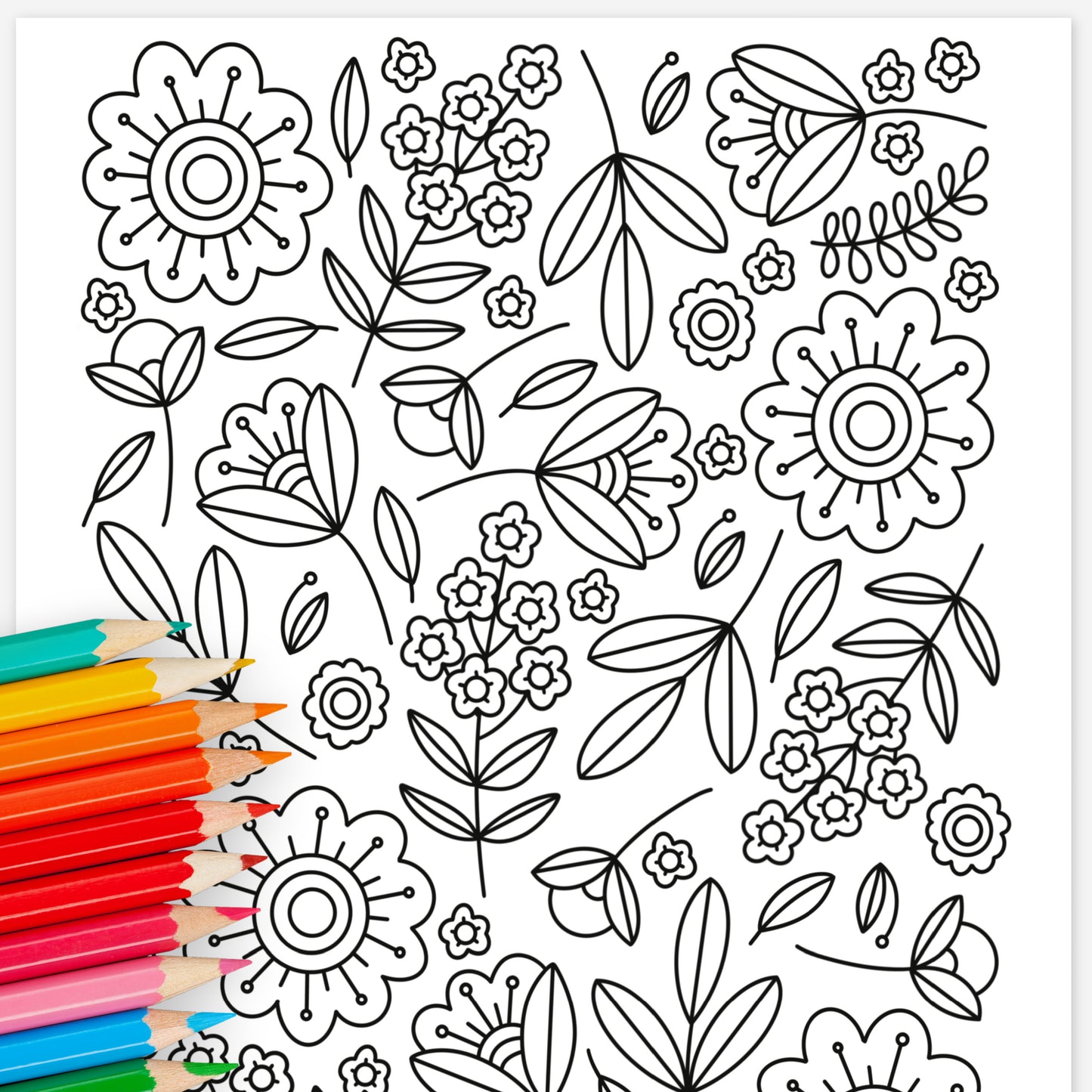 Spring Folk Floral Printable Coloring Page | Hand Illustrated Flower Relaxing Blooms Garden Theme