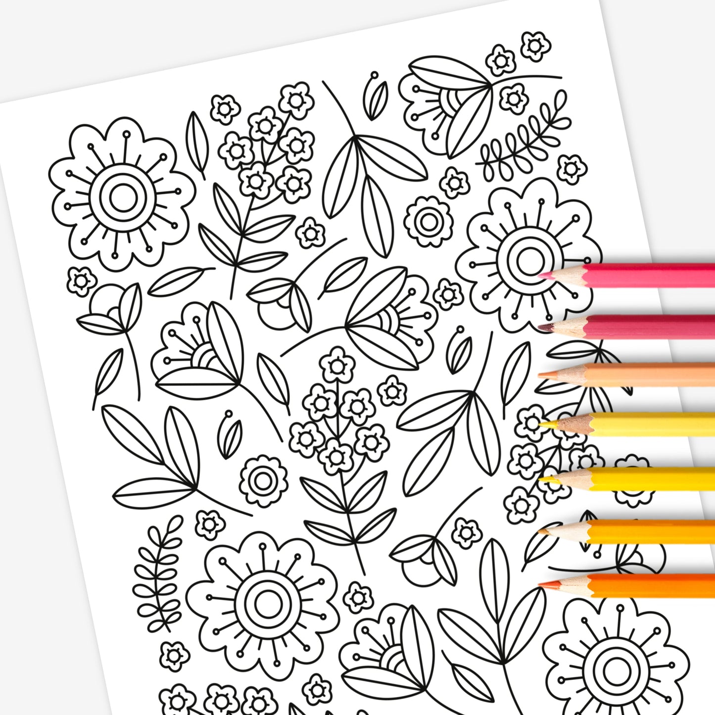 Spring Folk Floral Printable Coloring Page | Hand Illustrated Flower Relaxing Blooms Garden Theme