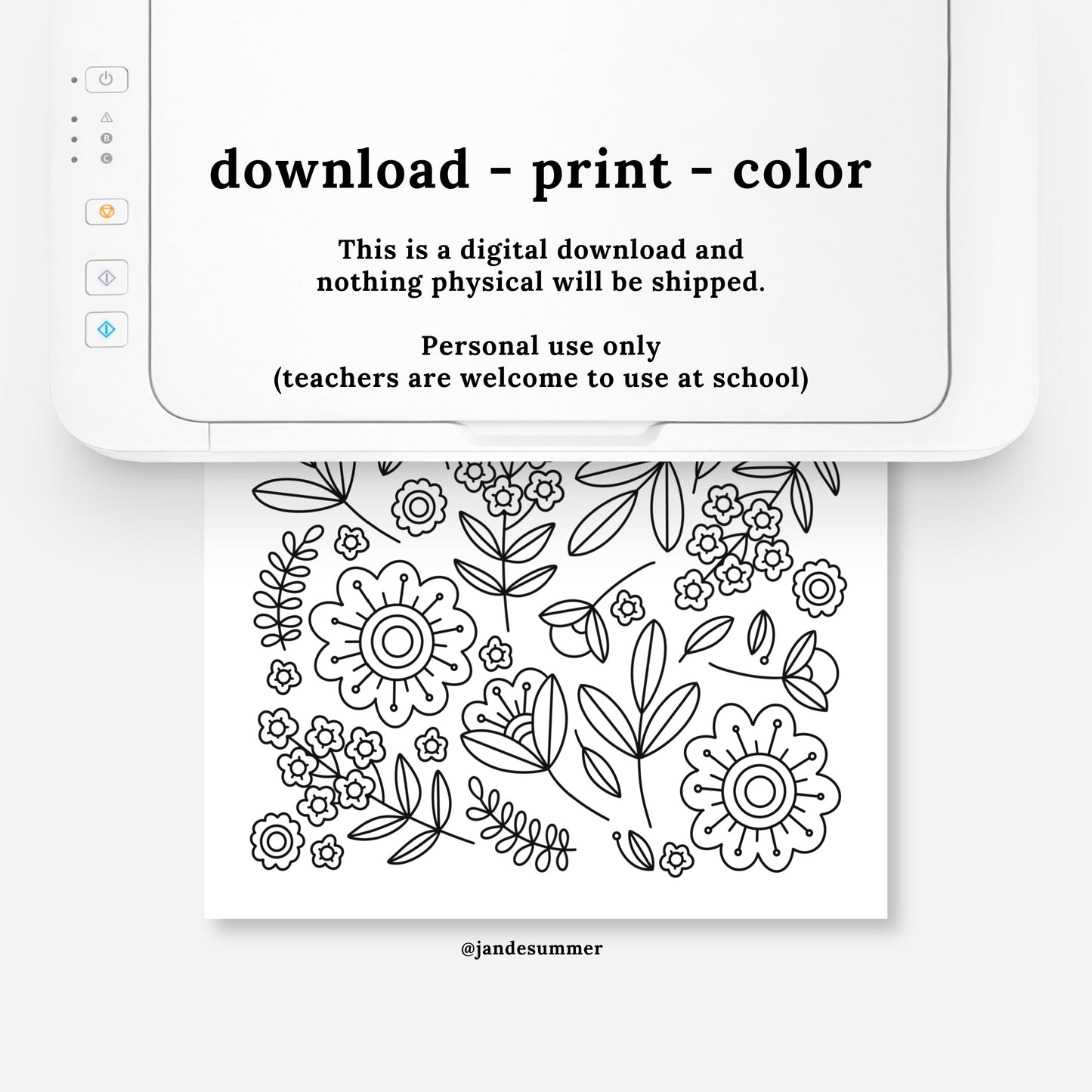 Spring Folk Floral Printable Coloring Page | Hand Illustrated Flower Relaxing Blooms Garden Theme