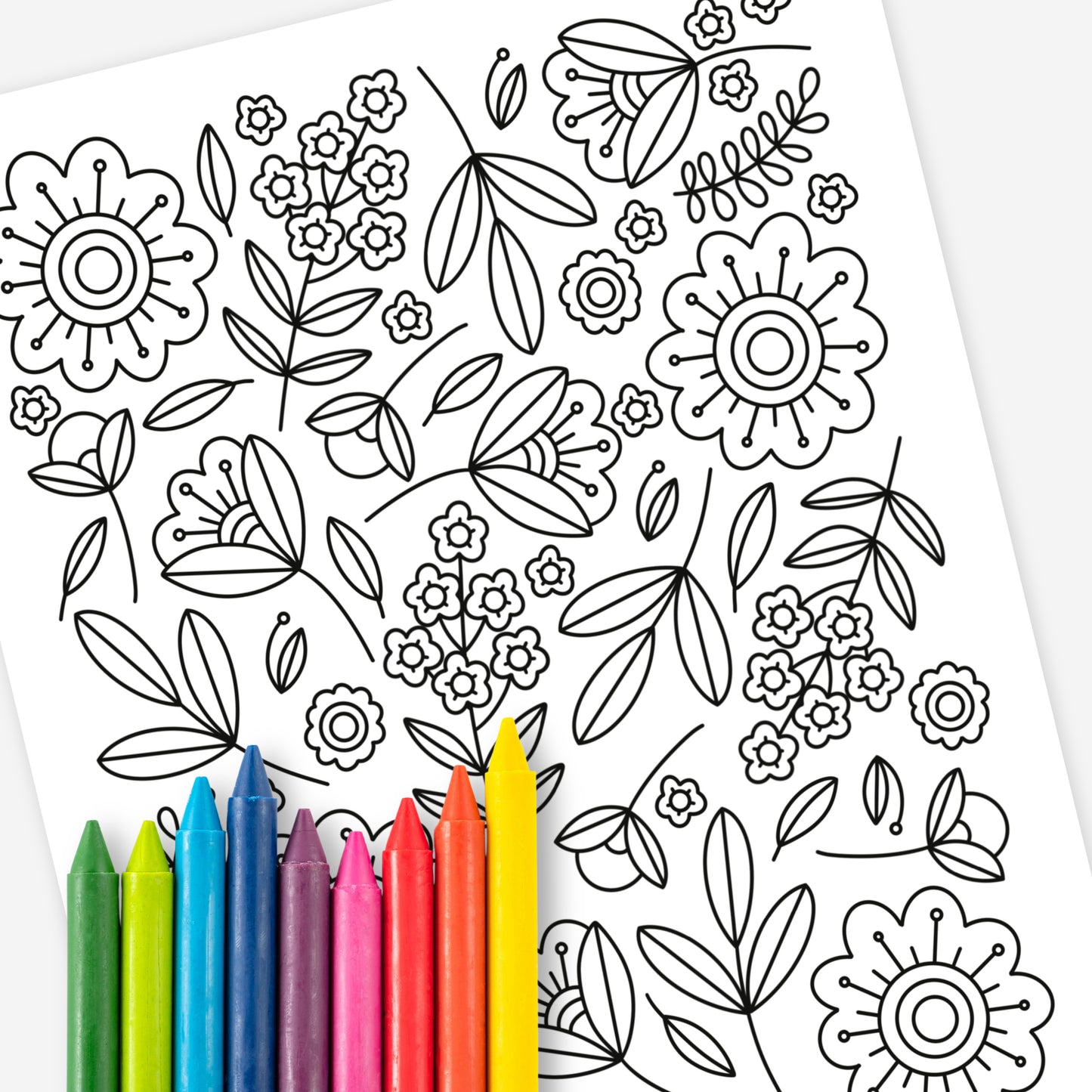 Spring Folk Floral Printable Coloring Page | Hand Illustrated Flower Relaxing Blooms Garden Theme