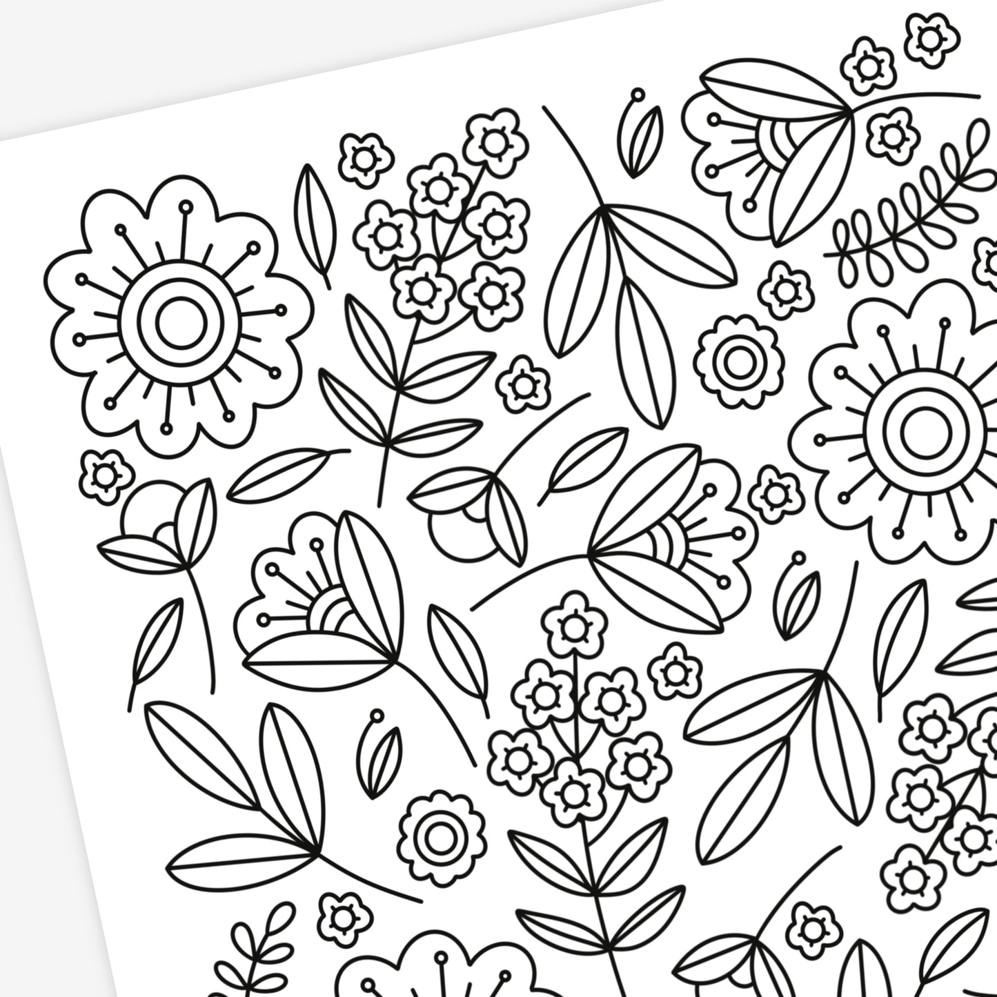 Spring Folk Floral Printable Coloring Page | Hand Illustrated Flower Relaxing Blooms Garden Theme
