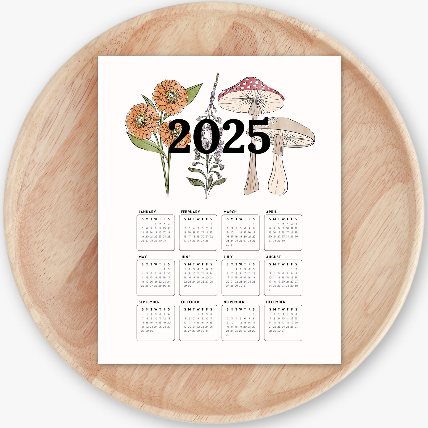 2025 Calendar Print | Mushroom Floral At A Glance Unframed Art | Office Wall Decor | Family & Coworker Gift