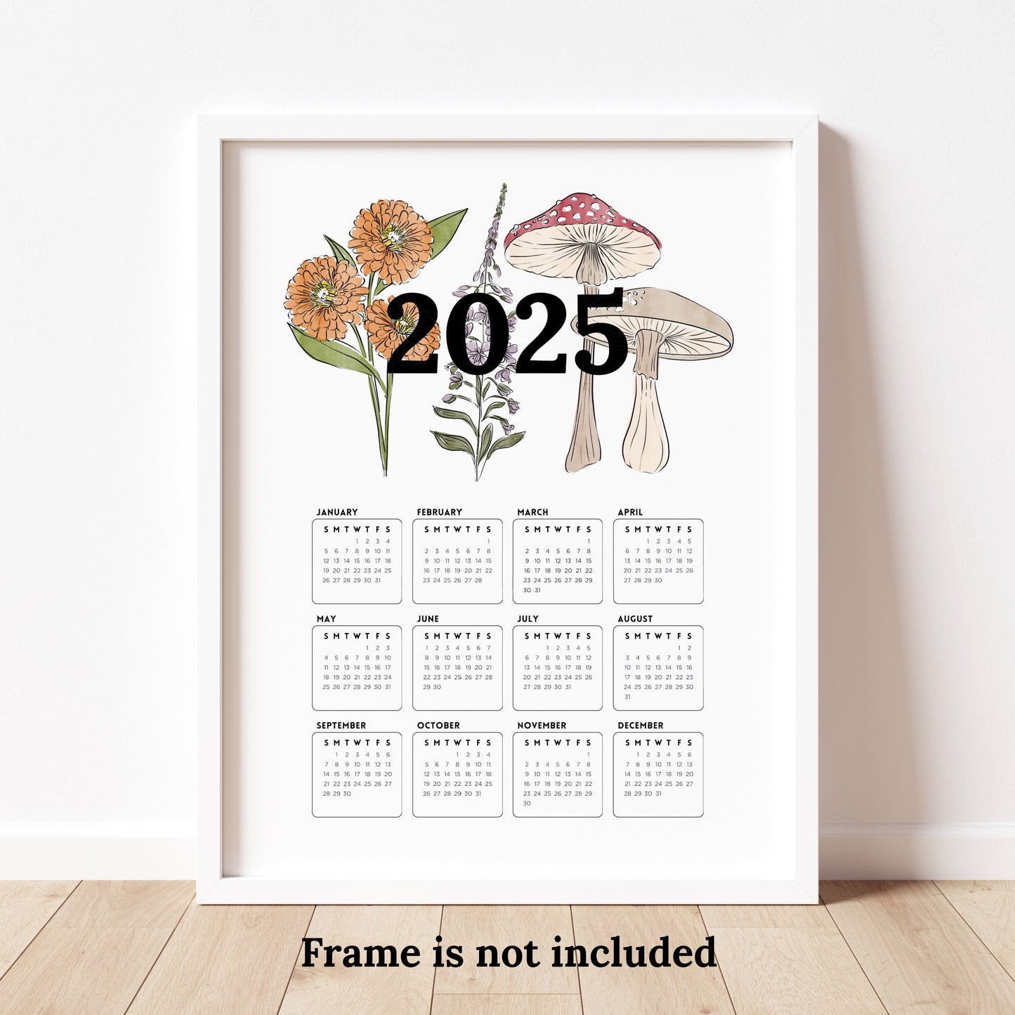 2025 Calendar Print | Mushroom Floral At A Glance Unframed Art | Office Wall Decor | Family & Coworker Gift