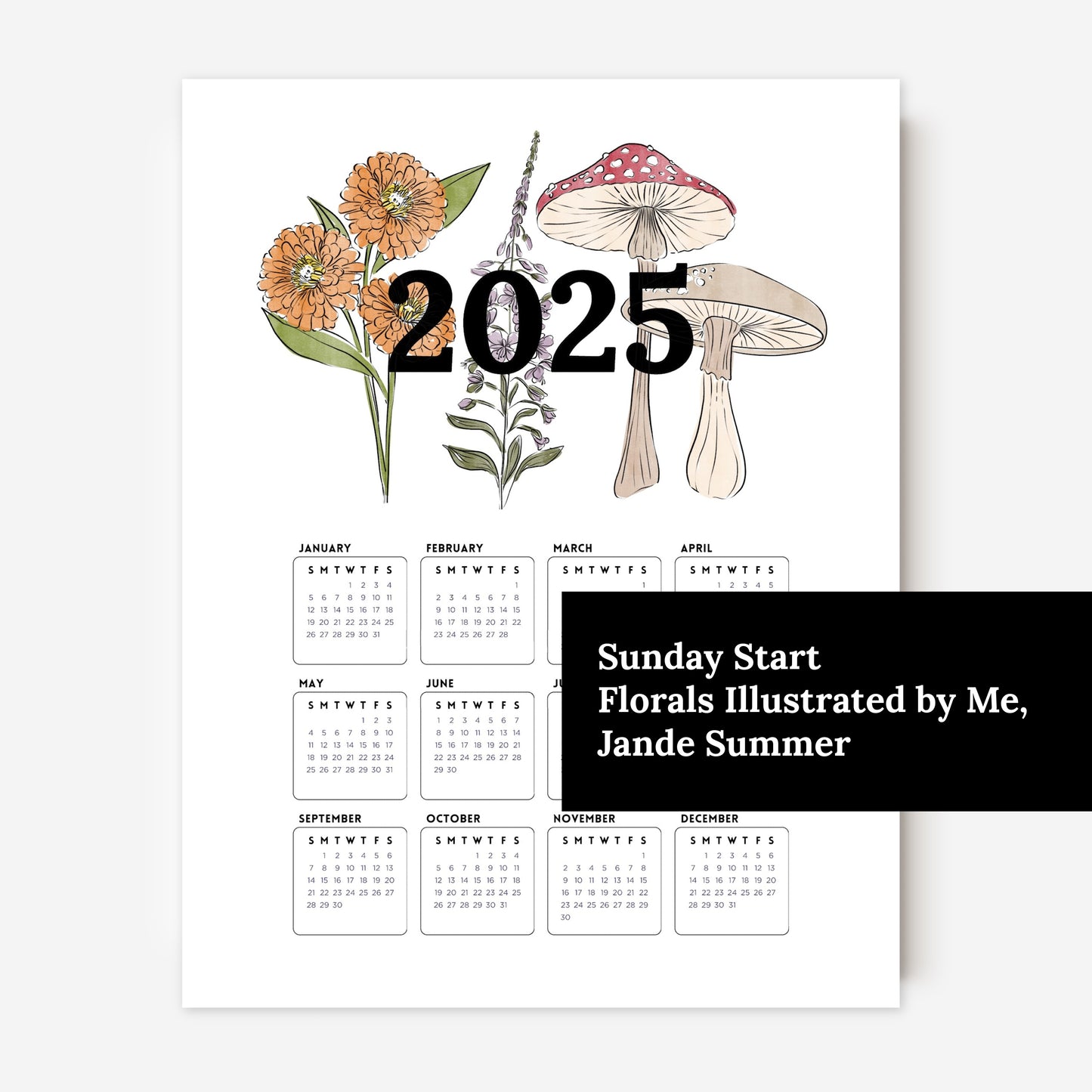 2025 Calendar Print | Mushroom Floral At A Glance Unframed Art | Office Wall Decor | Family & Coworker Gift