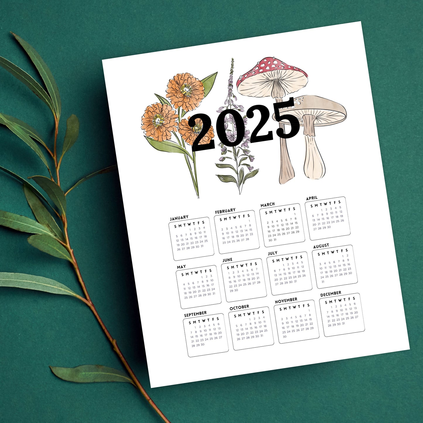 2025 Calendar Print | Mushroom Floral At A Glance Unframed Art | Office Wall Decor | Family & Coworker Gift