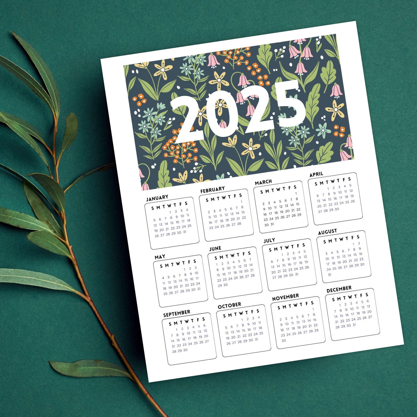 2025 Calendar Print | Forrest Floral At A Glance Unframed Art | Office Wall Decor | Family & Coworker Gift