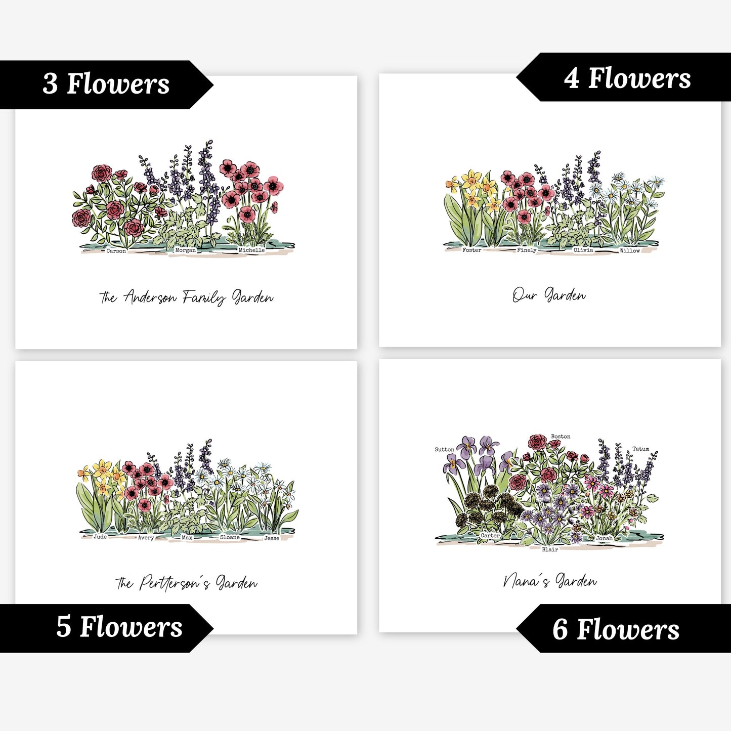 Birth Flower Garden Art Print | Up to 12 Flowers