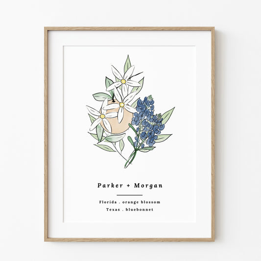 Custom Couples State Flower Art Print | Personalized Couples Gift Wedding Photo Table