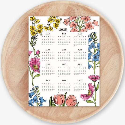 2025 Calendar Print | Floral At A Glance Unframed Art | Office Wall Decor | Family & Coworker Gift