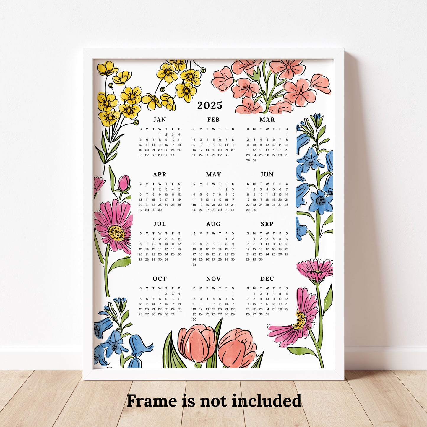 2025 Calendar Print | Floral At A Glance Unframed Art | Office Wall Decor | Family & Coworker Gift