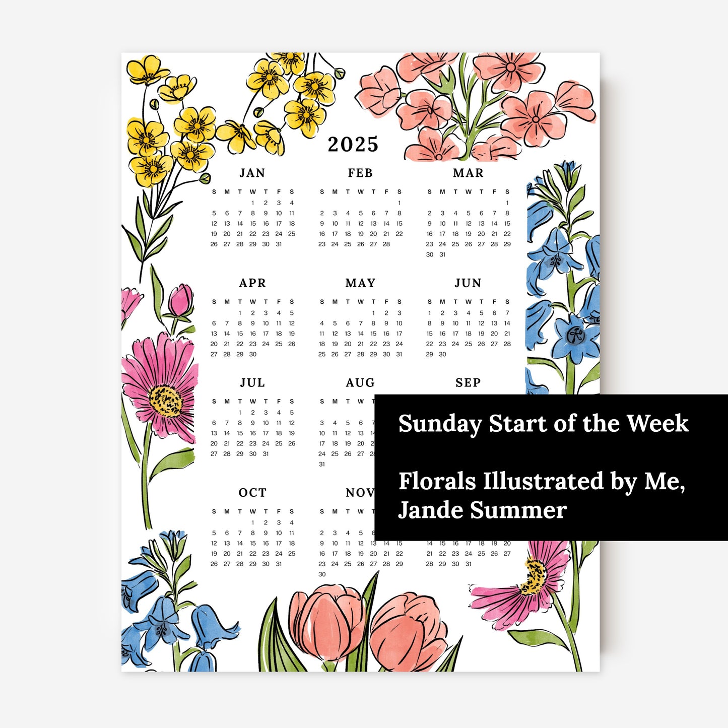 2025 Calendar Print | Floral At A Glance Unframed Art | Office Wall Decor | Family & Coworker Gift