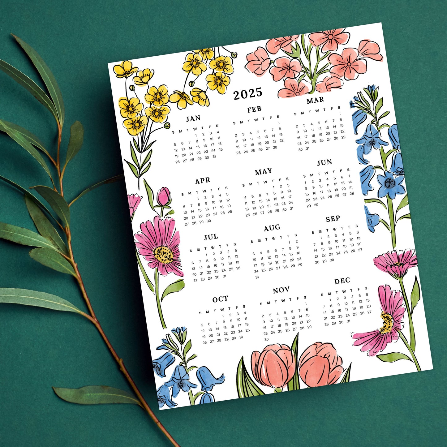 2025 Calendar Print | Floral At A Glance Unframed Art | Office Wall Decor | Family & Coworker Gift