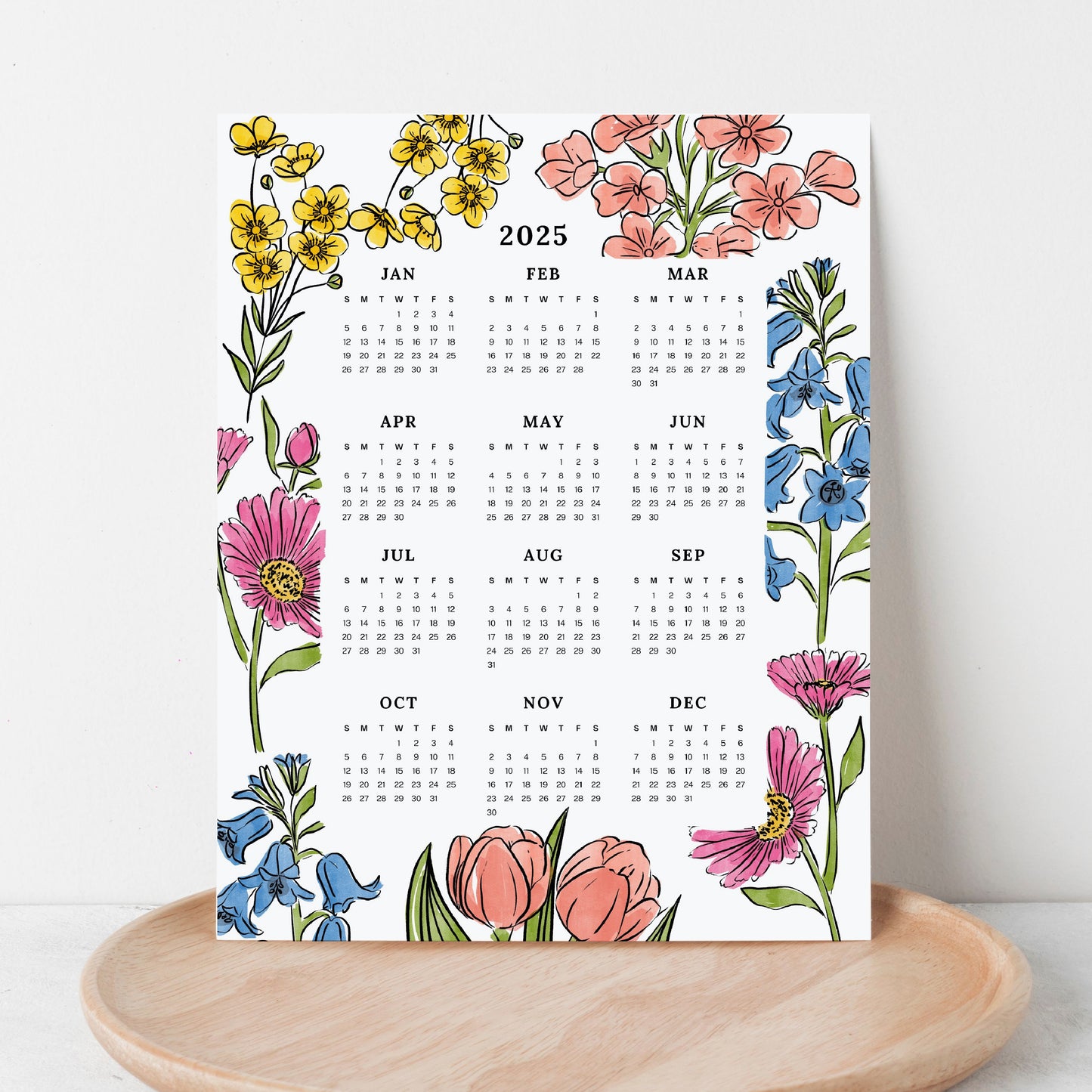 2025 Calendar Print | Floral At A Glance Unframed Art | Office Wall Decor | Family & Coworker Gift