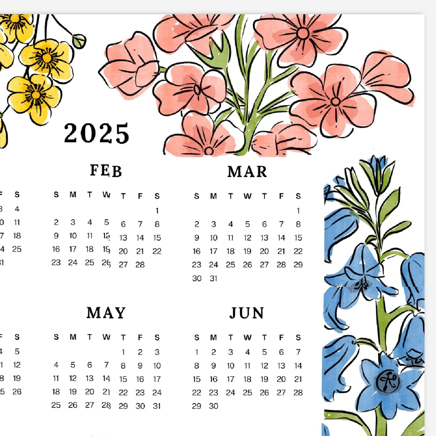 2025 Calendar Print | Floral At A Glance Unframed Art | Office Wall Decor | Family & Coworker Gift