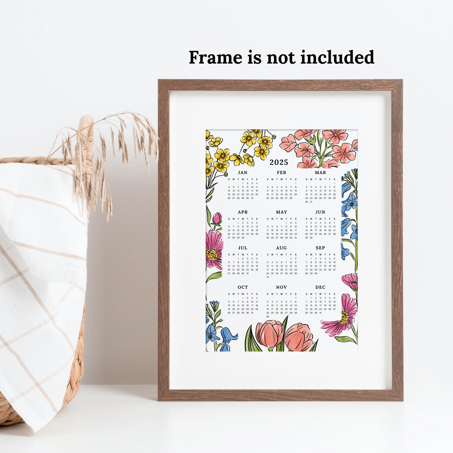 2025 Calendar Print | Floral At A Glance Unframed Art | Office Wall Decor | Family & Coworker Gift