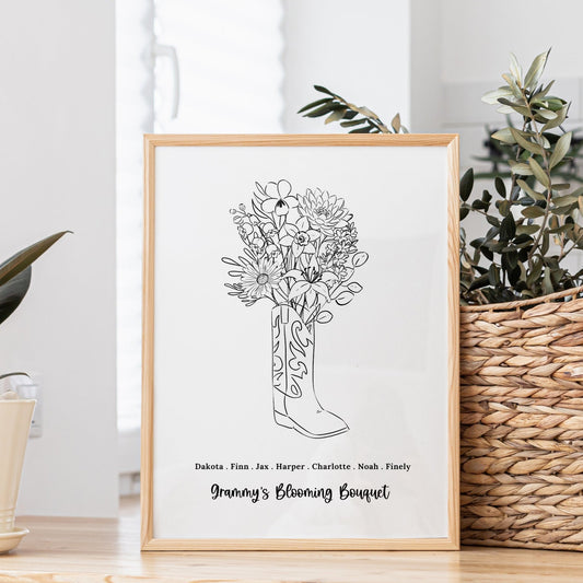 Birth Flower Bouquet Print Up to 8 Flowers + Names | Unframed Personalized BW Florals Cowboy Boot | Country Garden Inspired Gift for Mom Grandma