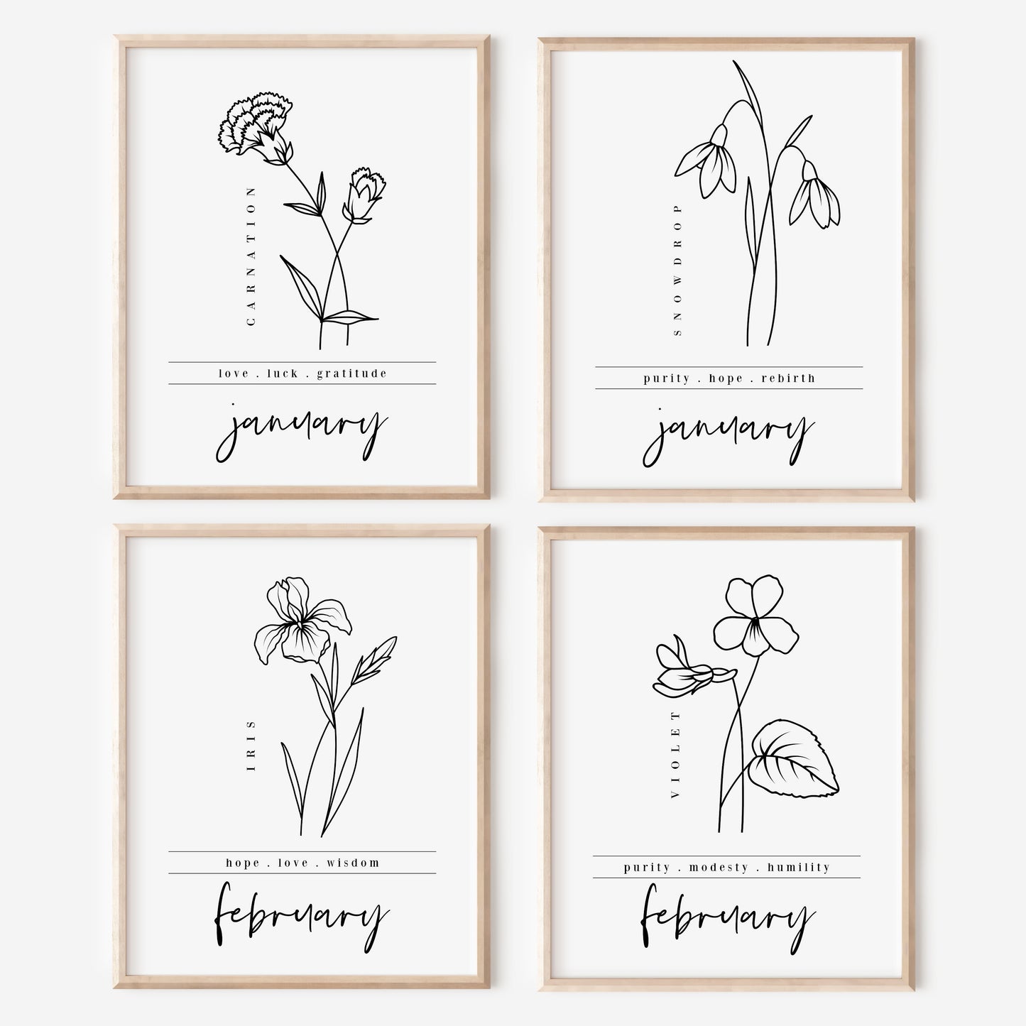21 PK Birth Flower Bundle Printables | 12 Month Floral Line Art Black & White Wall Art Decor | Full Year of Birthday Gifts
