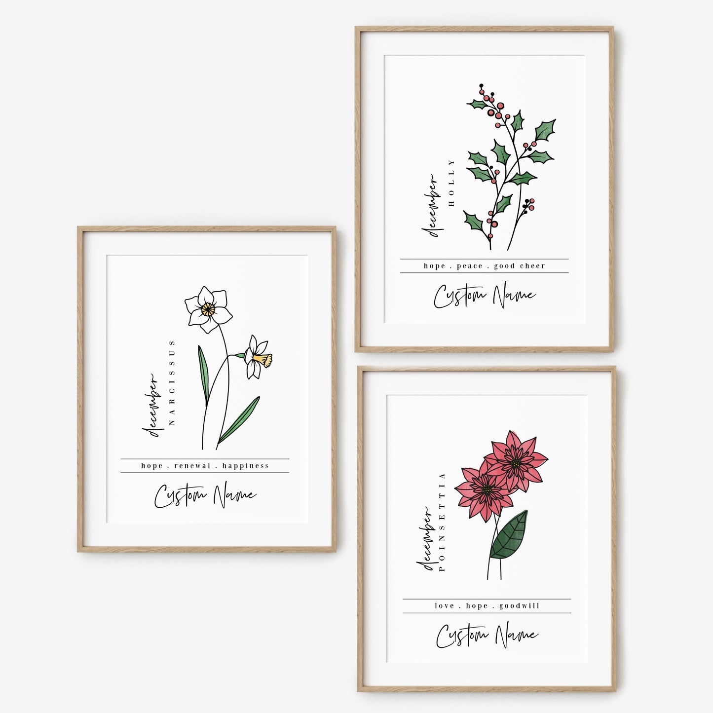 December Birth Flower Unframed Art Print | Personalized Name Custom Floral Illustration Wall Decor Birthday Gift