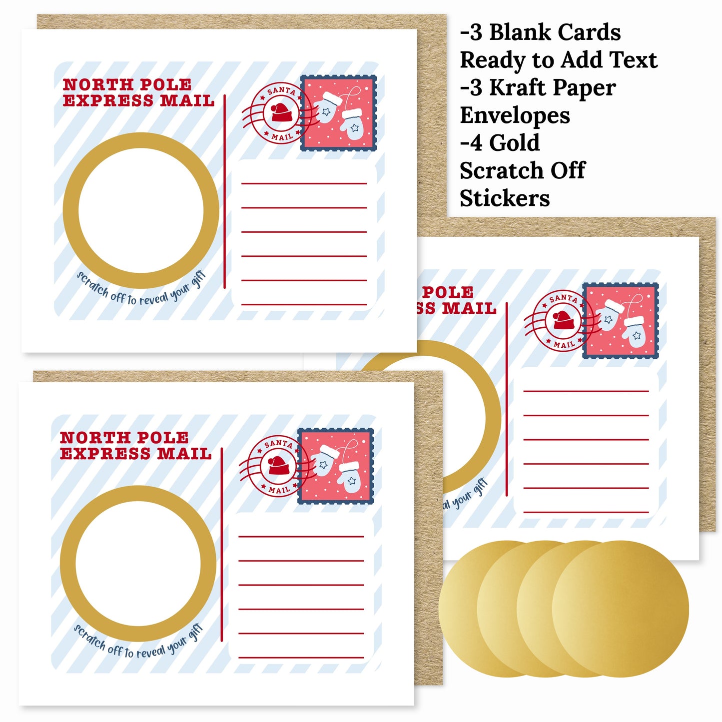 3 PK Scratch Off North Pole Holiday Card + Envelopes | DIY Personalized Gift Surprise Notecards