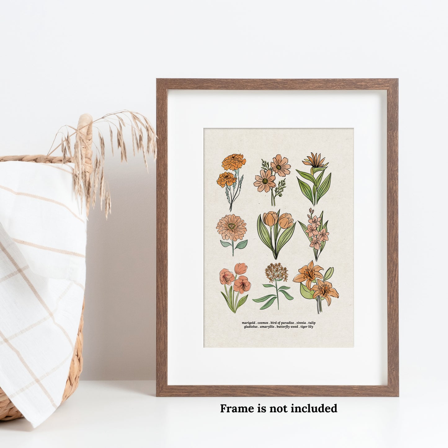 Orange Flower Chart Unframed Art Print | Antique Paper Background | Marigold Comos Bird of Paradise Garden Inspired Art