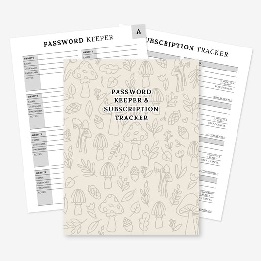 Password Keeper + Subscription Tracker Printable Book | Mushroom Cover 50 PDF Pages | Wifi Network Digital Printable Notebook