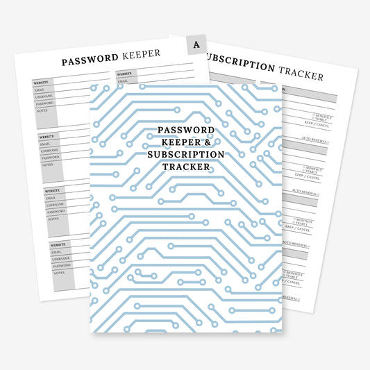 Password Keeper + Subscription Tracker Printable Book | Computer Data Cover 50 PDF Pages | Wifi Network Digital Printable Notebook