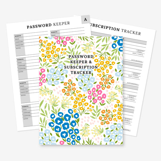 Password Keeper + Subscription Tracker Printable Book | Floral Cover 50 PDF Pages | Wifi Network Digital Printable Notebook