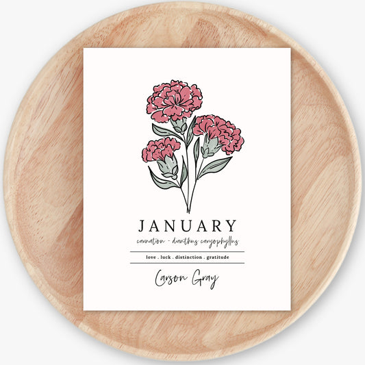 January Carnation Birth Flower Personalized Name Unframed Art Print | Custom Gift for Birthdays | Nursery Wall Decor | Floral Wall Decor