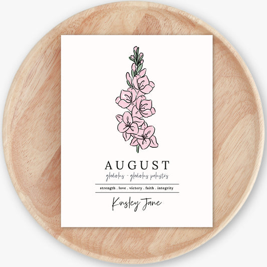 August Gladiolus Birth Flower Personalized Name Unframed Art Print | Custom Gift for Birthdays | Nursery Wall Decor | Floral Wall Decor