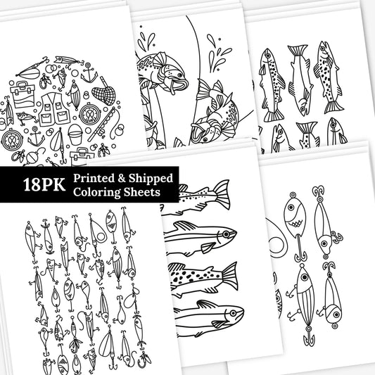 18 PK Fishing Coloring Pages Printed & Shipped | 3 Pages of Each 6 Pc Set | Lure Rainbow Trout Bass Water Fishing Gear Nature Sheets