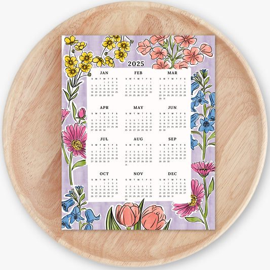 2025 Calendar Print | Purple Watercolor Floral At A Glance Unframed Art | Office Wall Decor Coworker Gift