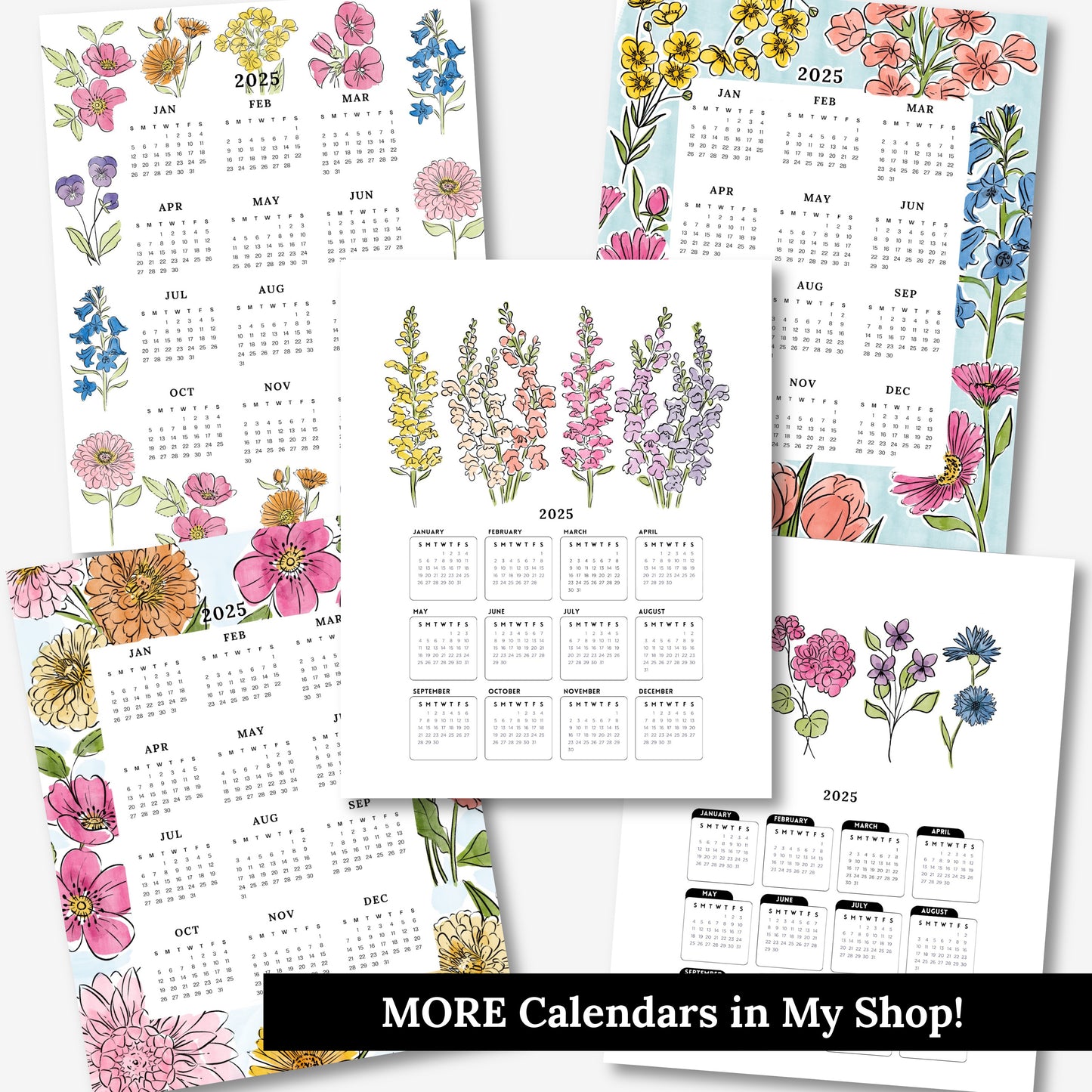 2025 Calendar + Wooden Stand | Watercolor Floral Monthly Layout | Full Year Desk Calendar