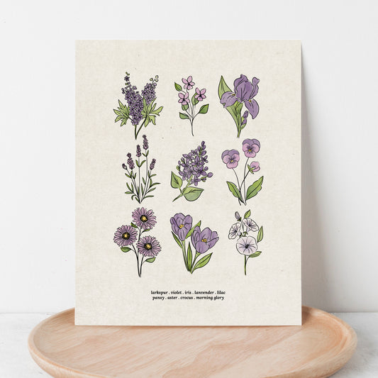 Purple Flower Chart Unframed Art Print | Antique Paper Background | Violet Iris Lavender Garden Inspired Art