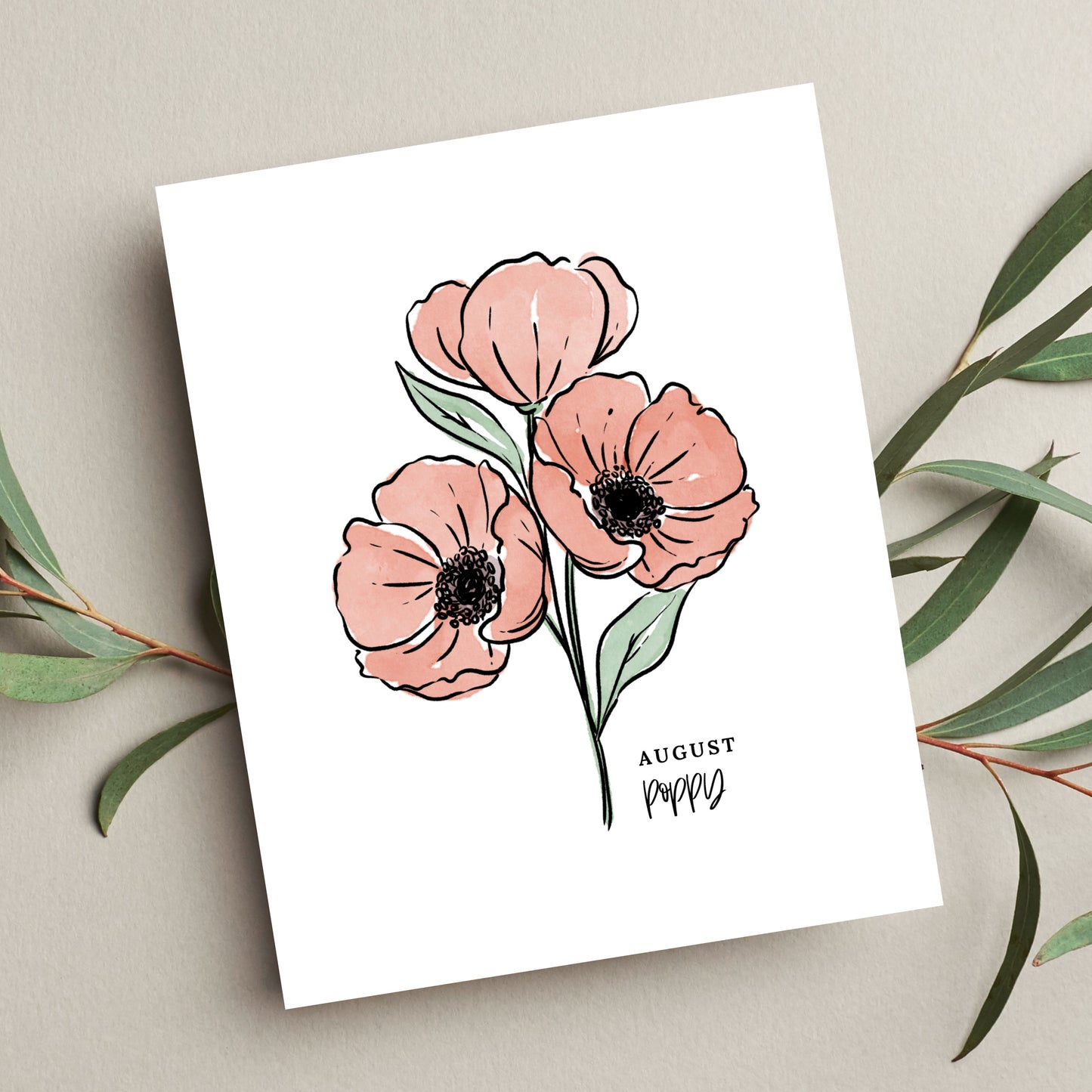 August Birth Flower Unframed Red Poppy Art Print Floral Birthday Gift