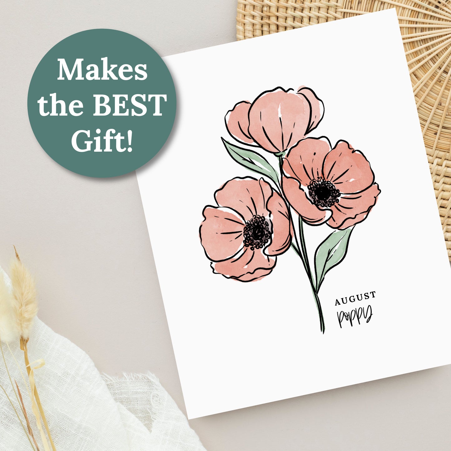 August Birth Flower Unframed Red Poppy Art Print Floral Birthday Gift