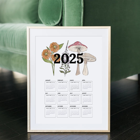 2025 Calendar Print | Mushroom Floral At A Glance Unframed Art | Office Wall Decor | Family & Coworker Gift