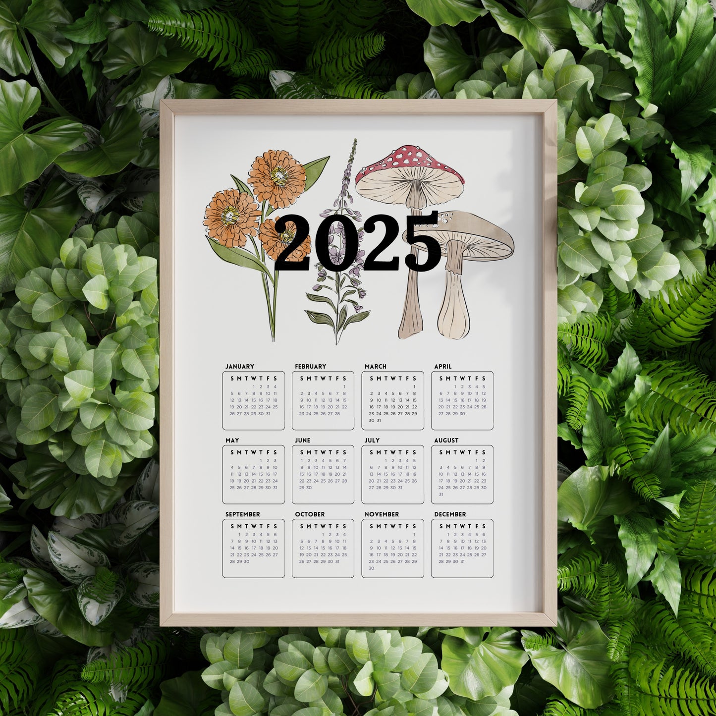 2025 Calendar Print | Mushroom Floral At A Glance Unframed Art | Office Wall Decor | Family & Coworker Gift