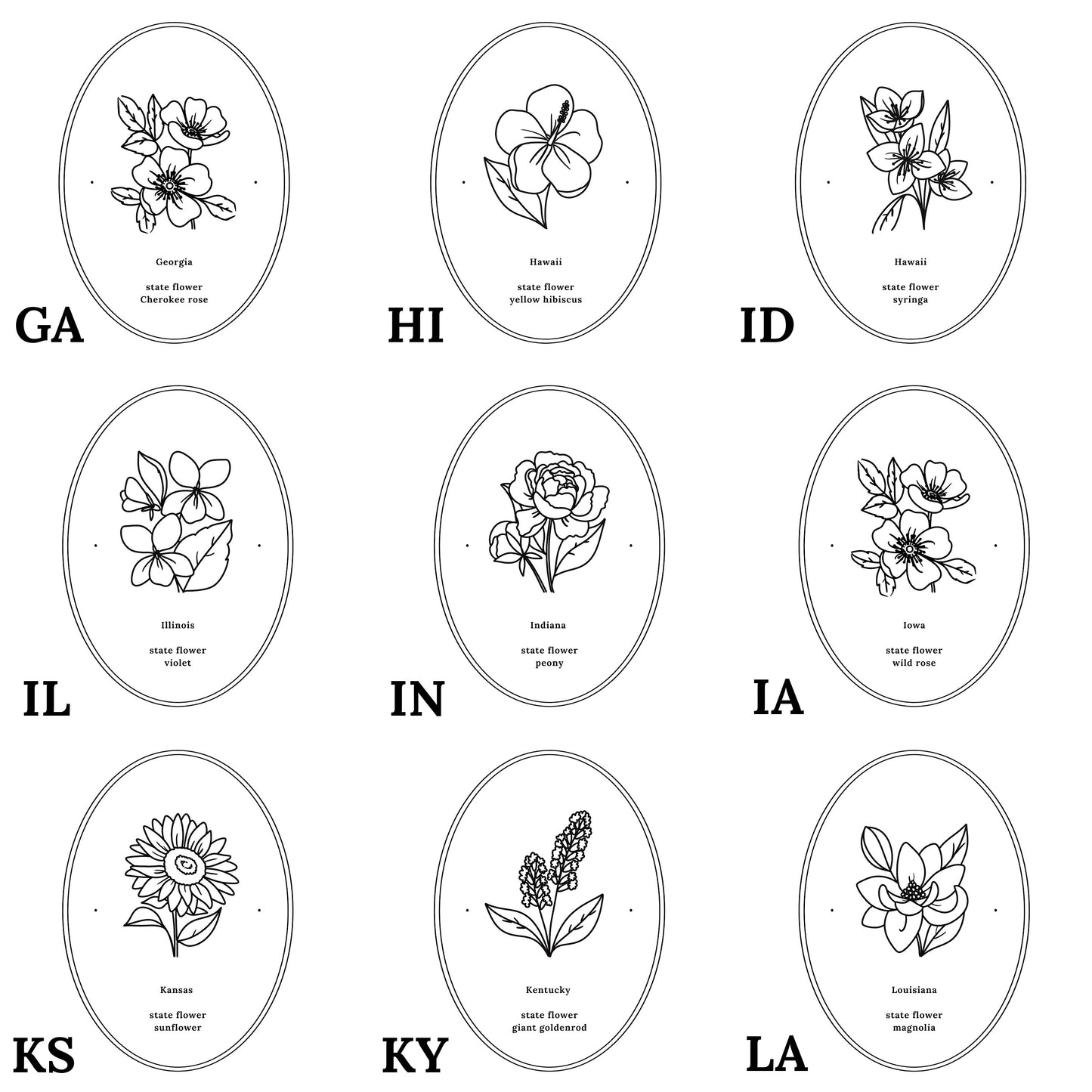 Pick Your US State Flower Print | Black and White Floral Line Art Wall Decor