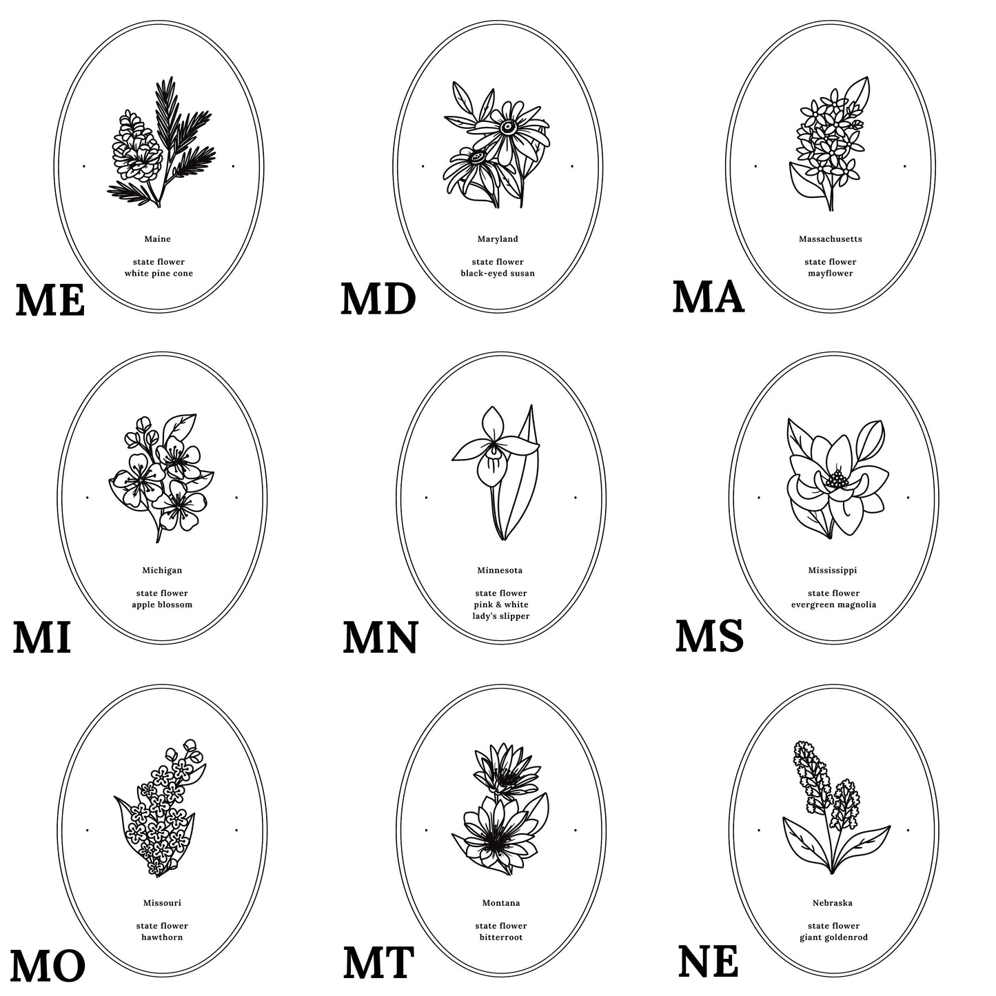 Pick Your US State Flower Print | Black and White Floral Line Art Wall Decor