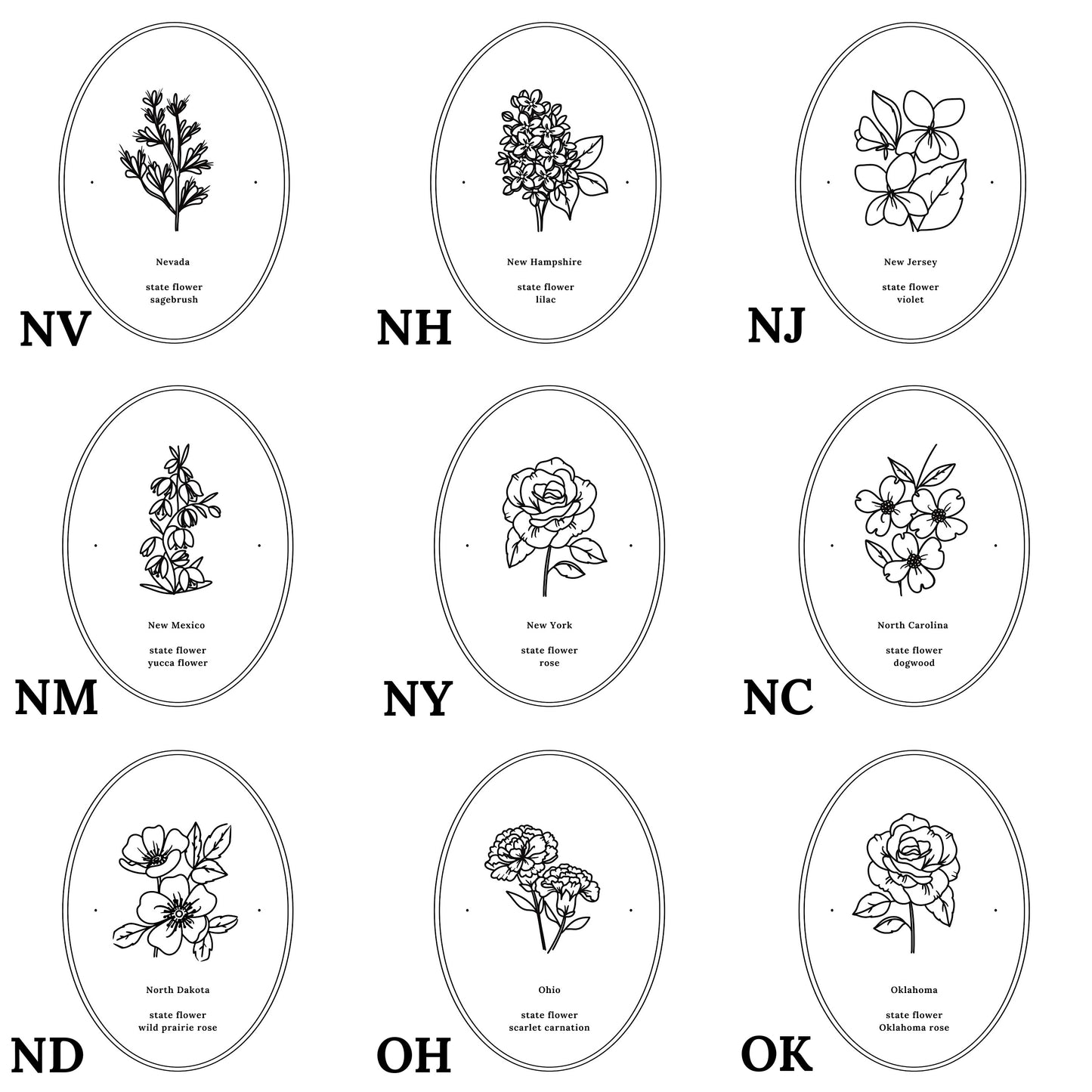 Pick Your US State Flower Print | Black and White Floral Line Art Wall Decor