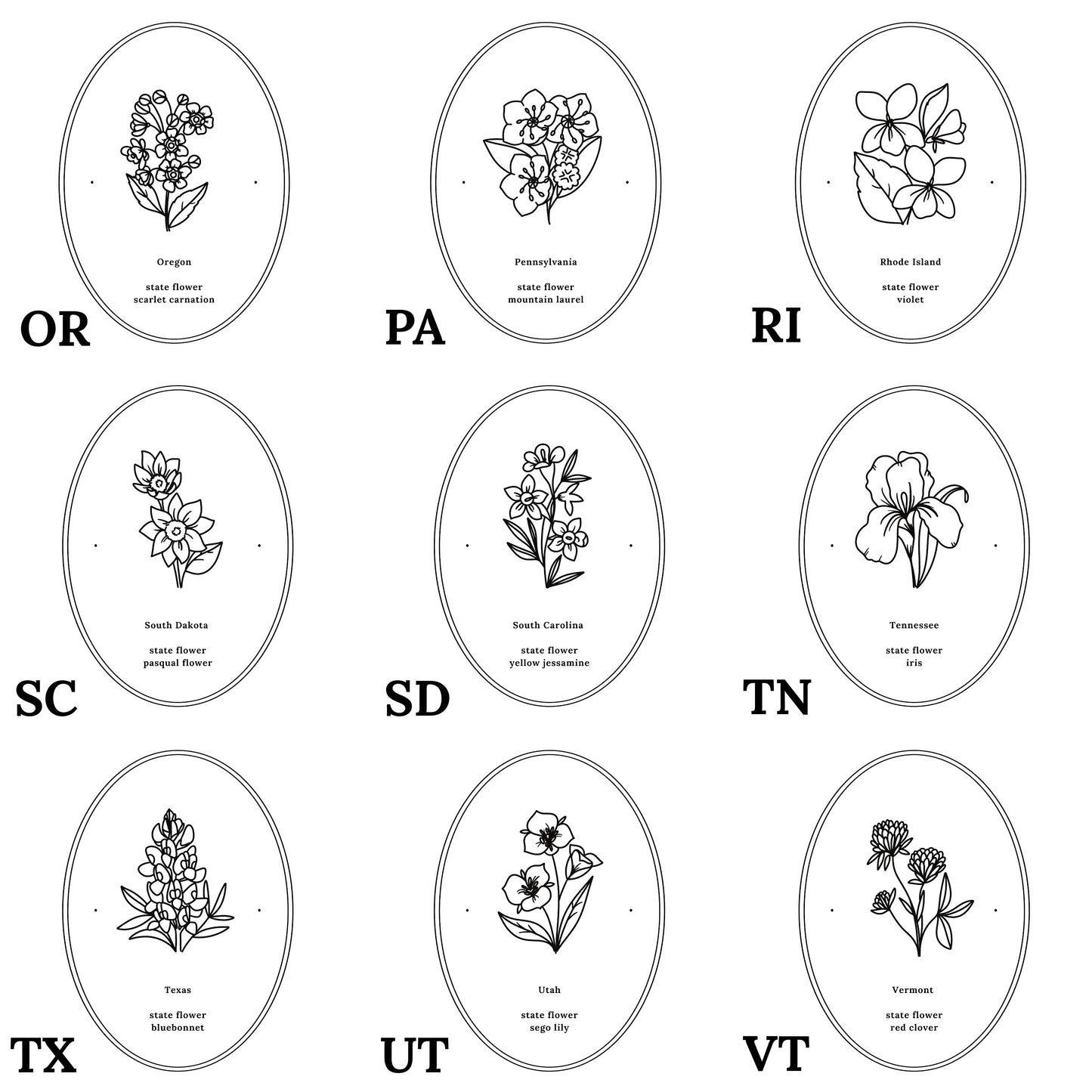 Pick Your US State Flower Print | Black and White Floral Line Art Wall Decor