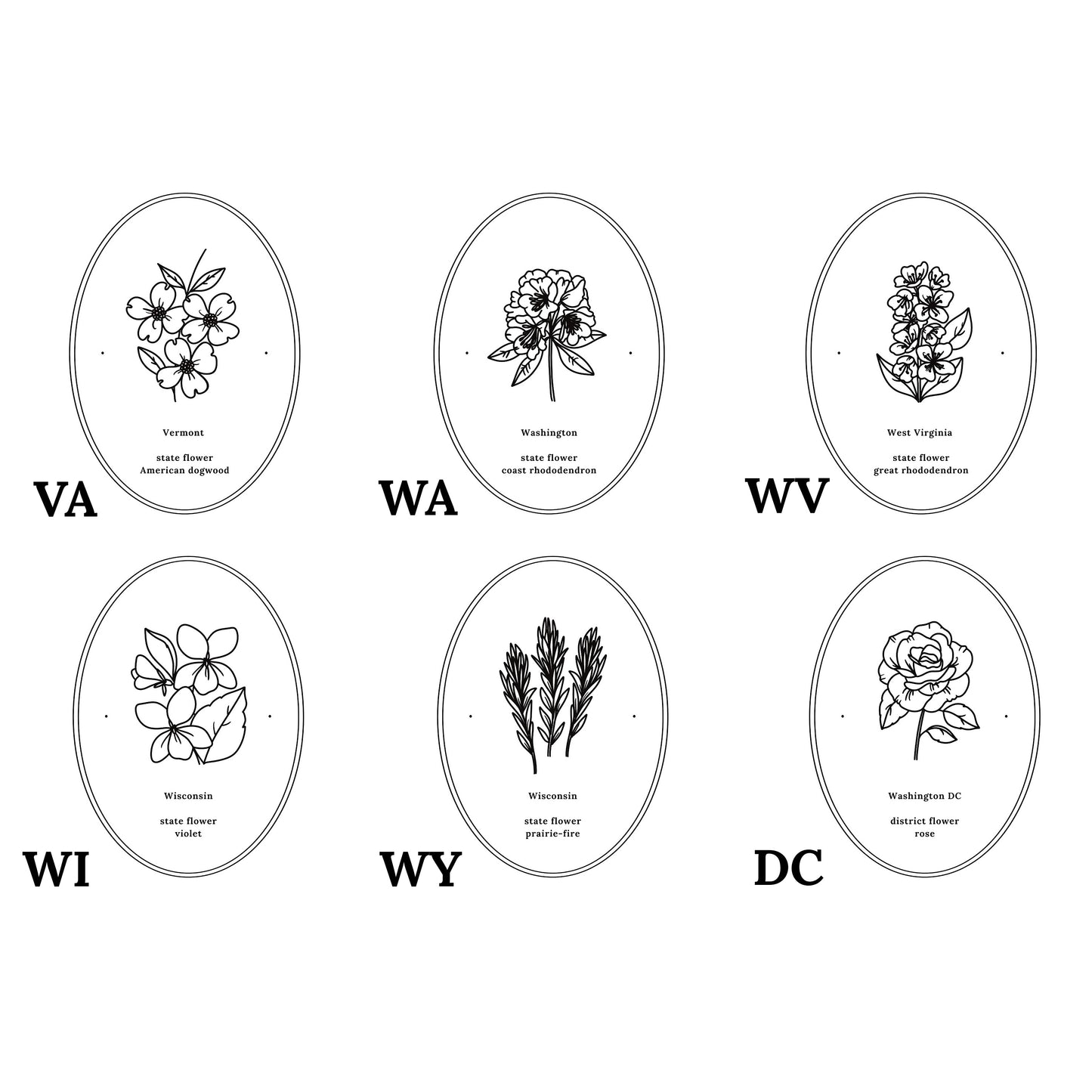 Pick Your US State Flower Print | Black and White Floral Line Art Wall Decor