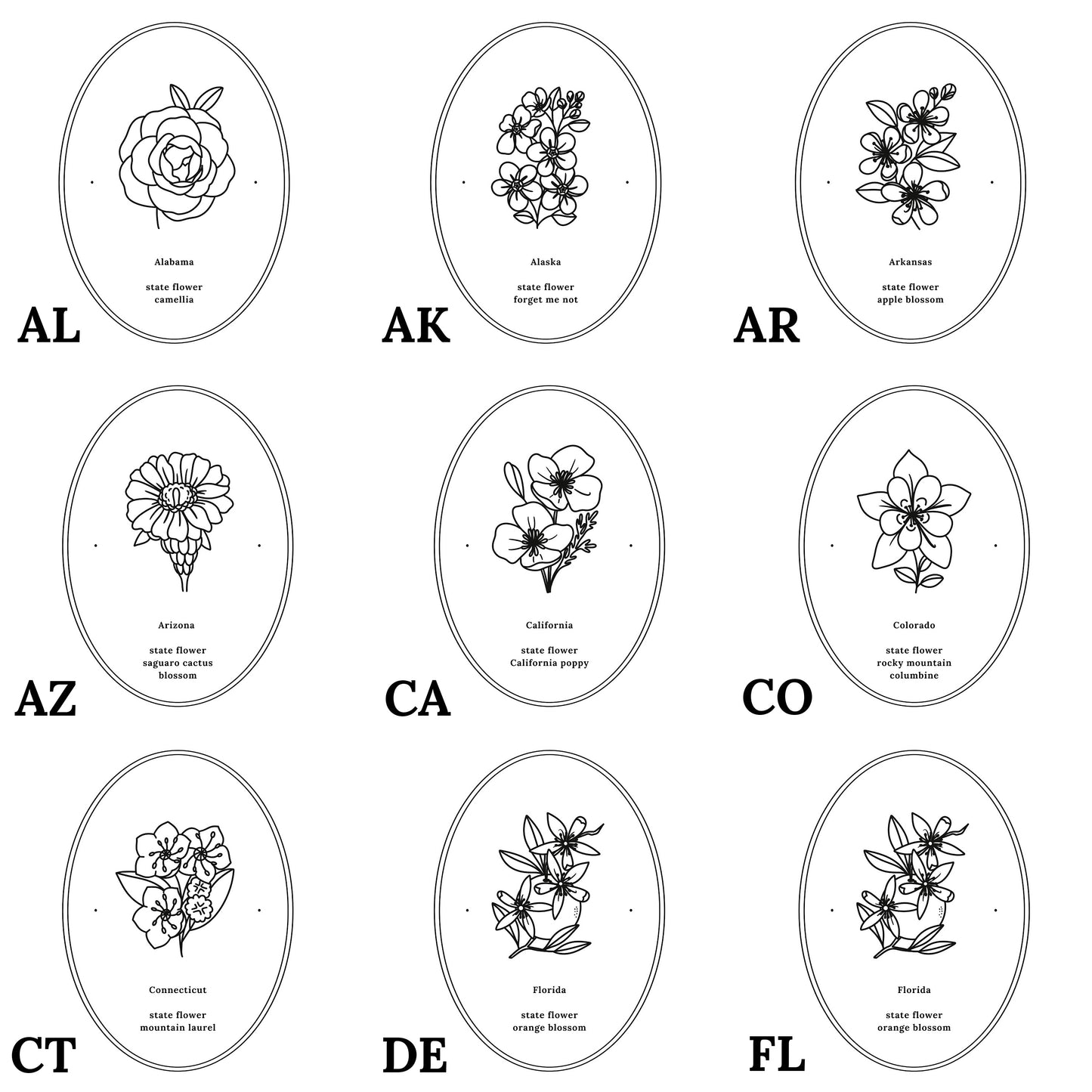 Pick Your US State Flower Print | Black and White Floral Line Art Wall Decor